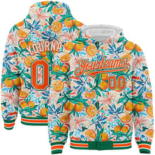 Laden Sie das Bild in den Galerie-Viewer, Custom White Orange-Kelly Green Fruit 3D Pattern Design Bomber Full-Snap Varsity Letterman Hoodie Jacket
