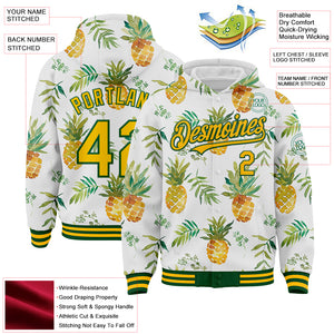 Custom White Gold-Green Tropical Hawaii Fruit Pineapple 3D Bomber Full-Snap Varsity Letterman Hoodie Jacket