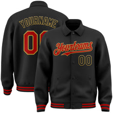 Загрузить изображение в средство просмотра галереи, Custom Black Red-Old Gold Bomber Full-Snap Varsity Letterman Lapel Collar Byron Jacket
