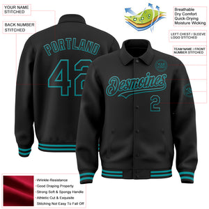 Custom Black Teal Bomber Full-Snap Varsity Letterman Lapel Collar Byron Jacket