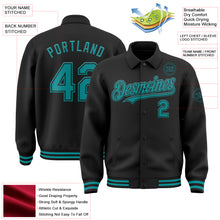 Laden Sie das Bild in den Galerie-Viewer, Custom Black Teal Bomber Full-Snap Varsity Letterman Lapel Collar Byron Jacket
