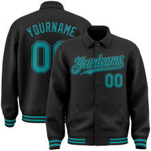 Laden Sie das Bild in den Galerie-Viewer, Custom Black Teal Bomber Full-Snap Varsity Letterman Lapel Collar Byron Jacket
