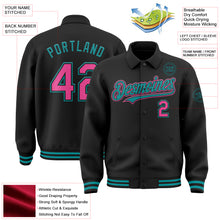 Загрузить изображение в средство просмотра галереи, Custom Black Pink-Teal Bomber Full-Snap Varsity Letterman Lapel Collar Byron Jacket
