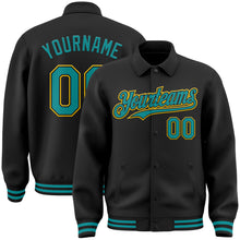 Загрузить изображение в средство просмотра галереи, Custom Black Teal-Yellow Bomber Full-Snap Varsity Letterman Lapel Collar Byron Jacket
