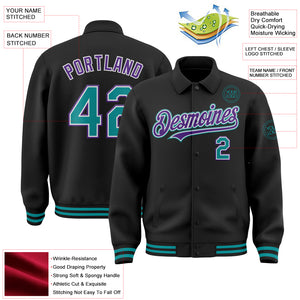 Custom Black Teal-Purple Bomber Full-Snap Varsity Letterman Lapel Collar Byron Jacket