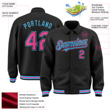 Загрузить изображение в средство просмотра галереи, Custom Black Pink-Sky Blue Bomber Full-Snap Varsity Letterman Lapel Collar Byron Jacket
