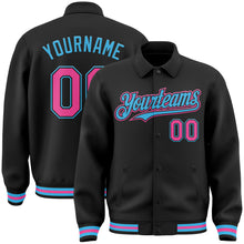 Загрузить изображение в средство просмотра галереи, Custom Black Pink-Sky Blue Bomber Full-Snap Varsity Letterman Lapel Collar Byron Jacket
