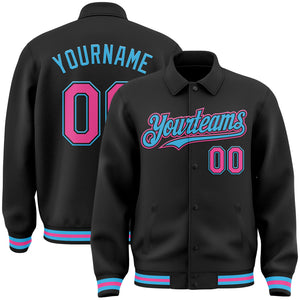 Custom Black Pink-Sky Blue Bomber Full-Snap Varsity Letterman Lapel Collar Byron Jacket