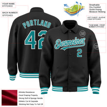 Charger l&#39;image dans la galerie, Custom Black Teal-White Bomber Full-Snap Varsity Letterman Lapel Collar Byron Jacket
