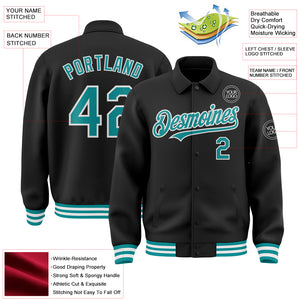 Custom Black Teal-White Bomber Full-Snap Varsity Letterman Lapel Collar Byron Jacket