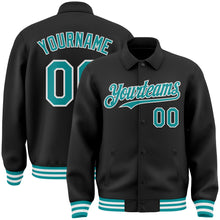 Charger l&#39;image dans la galerie, Custom Black Teal-White Bomber Full-Snap Varsity Letterman Lapel Collar Byron Jacket
