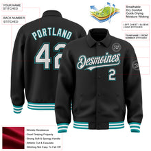 Charger l&#39;image dans la galerie, Custom Black White-Teal Bomber Full-Snap Varsity Letterman Lapel Collar Byron Jacket
