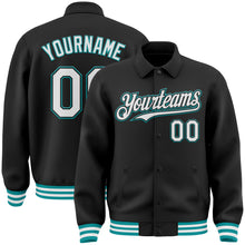 Charger l&#39;image dans la galerie, Custom Black White-Teal Bomber Full-Snap Varsity Letterman Lapel Collar Byron Jacket
