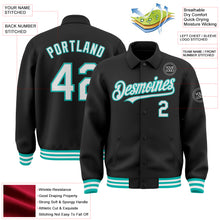 Загрузить изображение в средство просмотра галереи, Custom Black White-Aqua Bomber Full-Snap Varsity Letterman Lapel Collar Byron Jacket
