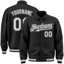 Charger l&#39;image dans la galerie, Custom Black White-Gray Bomber Full-Snap Varsity Letterman Lapel Collar Byron Jacket
