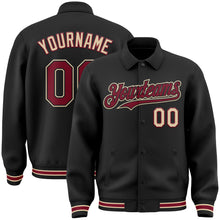 Загрузить изображение в средство просмотра галереи, Custom Black Crimson-City Cream Bomber Full-Snap Varsity Letterman Lapel Collar Byron Jacket
