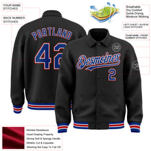 Load image into Gallery viewer, Custom Black Royal-Red Bomber Full-Snap Varsity Letterman Lapel Collar Byron Jacket
