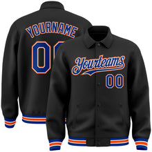 Load image into Gallery viewer, Custom Black Royal-Orange Bomber Full-Snap Varsity Letterman Lapel Collar Byron Jacket
