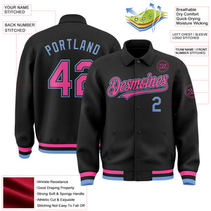 Custom Black Pink-Light Blue Bomber Full-Snap Varsity Letterman Lapel Collar Byron Jacket