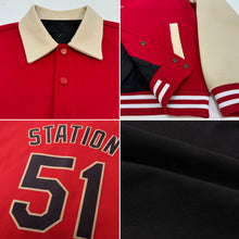 Load image into Gallery viewer, Custom Black Red-Gold Bomber Full-Snap Varsity Letterman Lapel Collar Byron Jacket
