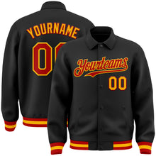 Load image into Gallery viewer, Custom Black Red-Gold Bomber Full-Snap Varsity Letterman Lapel Collar Byron Jacket
