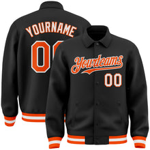 Загрузить изображение в средство просмотра галереи, Custom Black Orange-White Bomber Full-Snap Varsity Letterman Lapel Collar Byron Jacket
