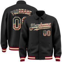 Laden Sie das Bild in den Galerie-Viewer, Custom Black Vintage USA Flag Cream-Maroon Bomber Full-Snap Varsity Letterman Lapel Collar Byron Jacket
