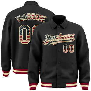 Custom Black Vintage USA Flag Cream-Maroon Bomber Full-Snap Varsity Letterman Lapel Collar Byron Jacket