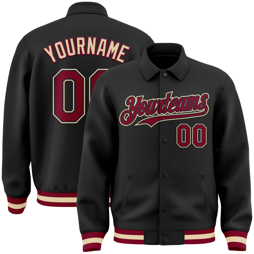 Custom Black Maroon-Cream Bomber Full-Snap Varsity Letterman Lapel Collar Byron Jacket