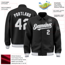 Load image into Gallery viewer, Custom Black White-Gray Bomber Full-Snap Varsity Letterman Lapel Collar Byron Jacket
