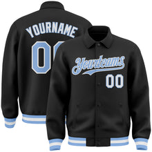 Загрузить изображение в средство просмотра галереи, Custom Black Light Blue-White Bomber Full-Snap Varsity Letterman Lapel Collar Byron Jacket
