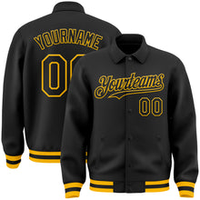 Загрузить изображение в средство просмотра галереи, Custom Black Gold Bomber Full-Snap Varsity Letterman Lapel Collar Byron Jacket
