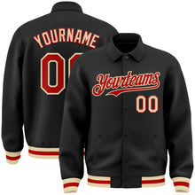 Load image into Gallery viewer, Custom Black Red-Cream Bomber Full-Snap Varsity Letterman Lapel Collar Byron Jacket
