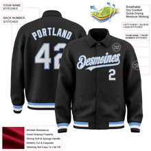 Load image into Gallery viewer, Custom Black White-Light Blue Bomber Full-Snap Varsity Letterman Lapel Collar Byron Jacket
