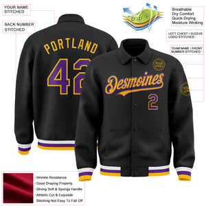 Custom Black Purple-Gold Bomber Full-Snap Varsity Letterman Lapel Collar Byron Jacket