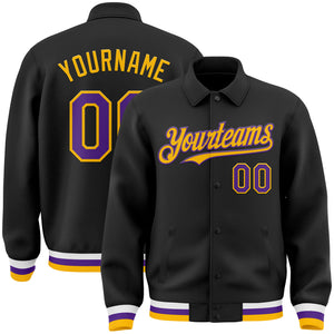 Custom Black Purple-Gold Bomber Full-Snap Varsity Letterman Lapel Collar Byron Jacket