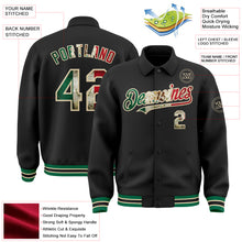 Laden Sie das Bild in den Galerie-Viewer, Custom Black Vintage Mexican Flag Cream-Kelly Green Bomber Full-Snap Varsity Letterman Lapel Collar Byron Jacket
