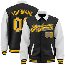 Загрузить изображение в средство просмотра галереи, Custom Black Gold-White Bomber Full-Snap Varsity Letterman Two Tone Lapel Collar Byron Jacket
