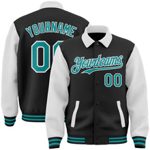 Laden Sie das Bild in den Galerie-Viewer, Custom Black Teal-White Bomber Full-Snap Varsity Letterman Two Tone Lapel Collar Byron Jacket
