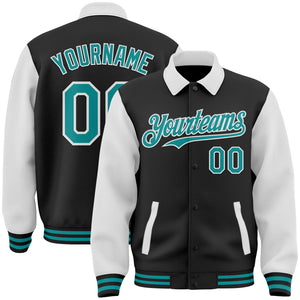 Custom Black Teal-White Bomber Full-Snap Varsity Letterman Two Tone Lapel Collar Byron Jacket