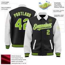 Загрузить изображение в средство просмотра галереи, Custom Black Neon Green-White Bomber Full-Snap Varsity Letterman Two Tone Lapel Collar Byron Jacket
