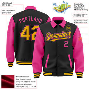 Custom Black Gold-Pink Bomber Full-Snap Varsity Letterman Two Tone Lapel Collar Byron Jacket