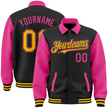 Загрузить изображение в средство просмотра галереи, Custom Black Gold-Pink Bomber Full-Snap Varsity Letterman Two Tone Lapel Collar Byron Jacket
