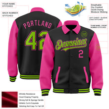 Загрузить изображение в средство просмотра галереи, Custom Black Neon Green-Pink Bomber Full-Snap Varsity Letterman Two Tone Lapel Collar Byron Jacket
