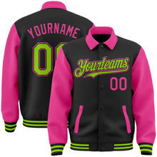 Загрузить изображение в средство просмотра галереи, Custom Black Neon Green-Pink Bomber Full-Snap Varsity Letterman Two Tone Lapel Collar Byron Jacket
