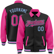 Загрузить изображение в средство просмотра галереи, Custom Black Pink-Light Blue Bomber Full-Snap Varsity Letterman Two Tone Lapel Collar Byron Jacket
