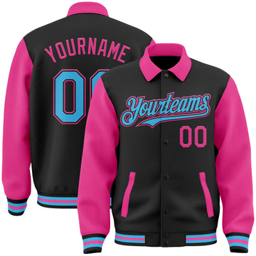 Custom Black Sky Blue-Pink Bomber Full-Snap Varsity Letterman Two Tone Lapel Collar Byron Jacket