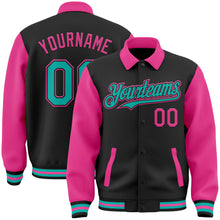 Загрузить изображение в средство просмотра галереи, Custom Black Aqua-Pink Bomber Full-Snap Varsity Letterman Two Tone Lapel Collar Byron Jacket
