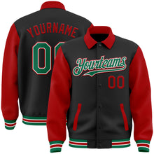 Загрузить изображение в средство просмотра галереи, Custom Black Kelly Green-Red Bomber Full-Snap Varsity Letterman Two Tone Lapel Collar Byron Jacket
