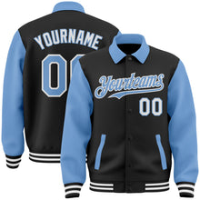 Загрузить изображение в средство просмотра галереи, Custom Black Light Blue-White Bomber Full-Snap Varsity Letterman Two Tone Lapel Collar Byron Jacket
